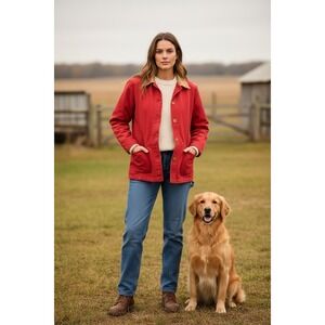 LL Bean Jacket Women Med Red Barn Coat Corduroy Collar Lined Chore Workwear